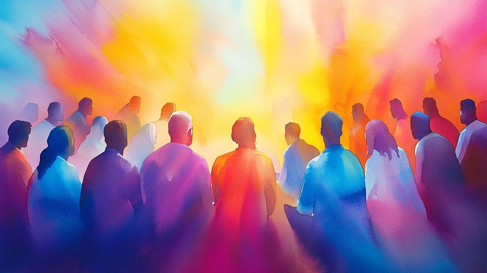 A group of people sit together praying