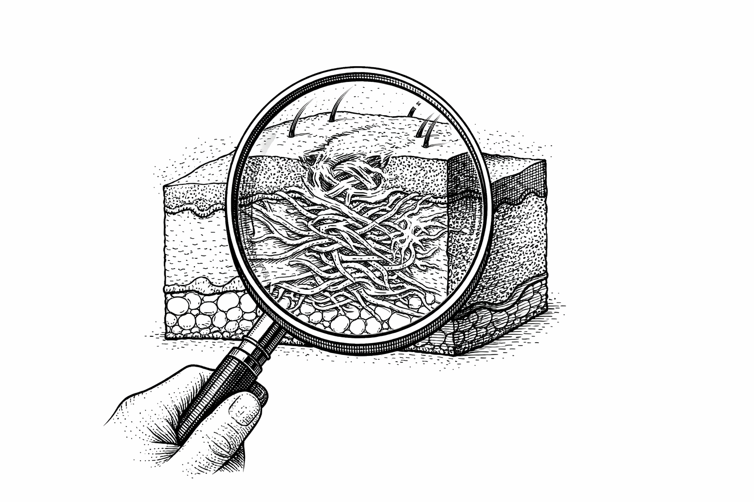Pen-and-ink illustration of a hand holding a magnifying glass over a cross-section of human skin, revealing disorganized collagen fibers in scar tissue beneath the epidermis and dermis layers.