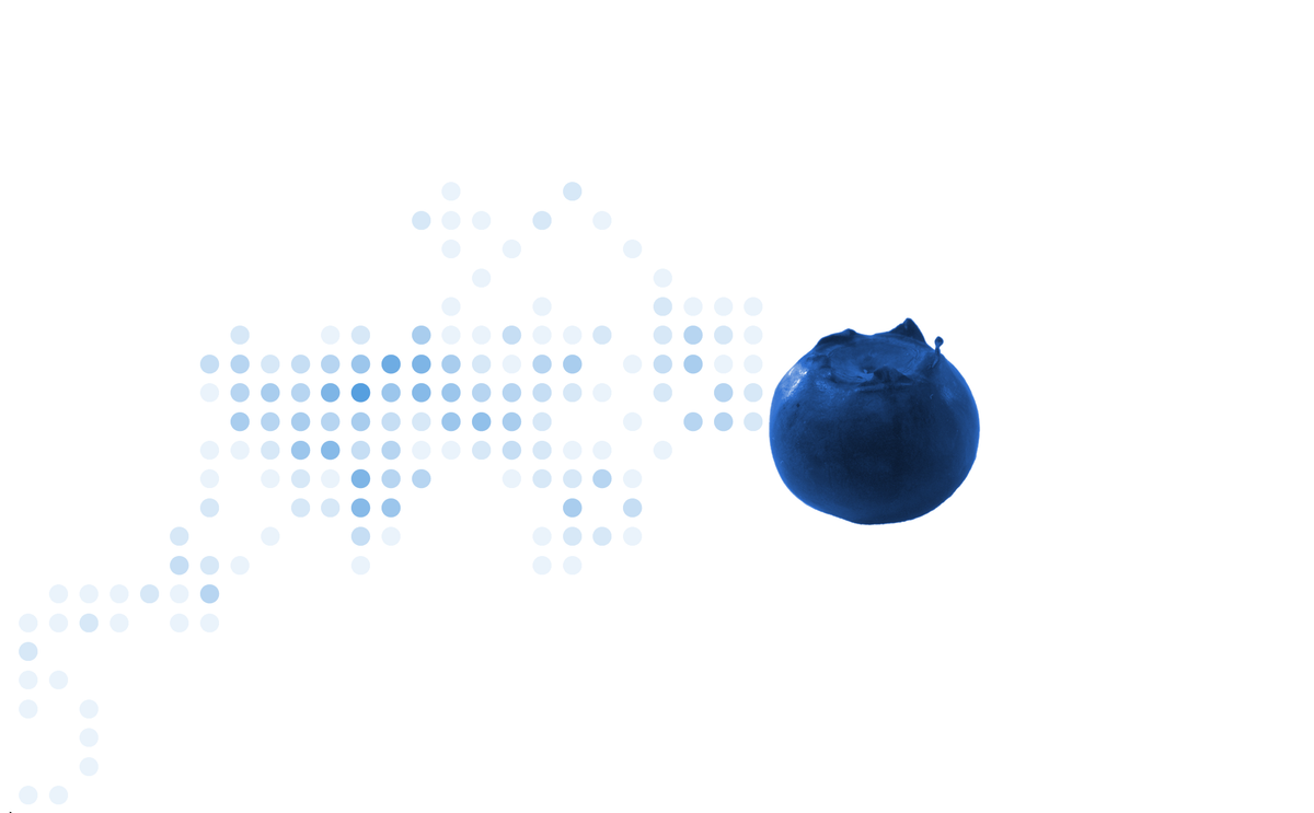 A grid of brownian motion dots of varying intensities of blue with a blueberry at the end of the path