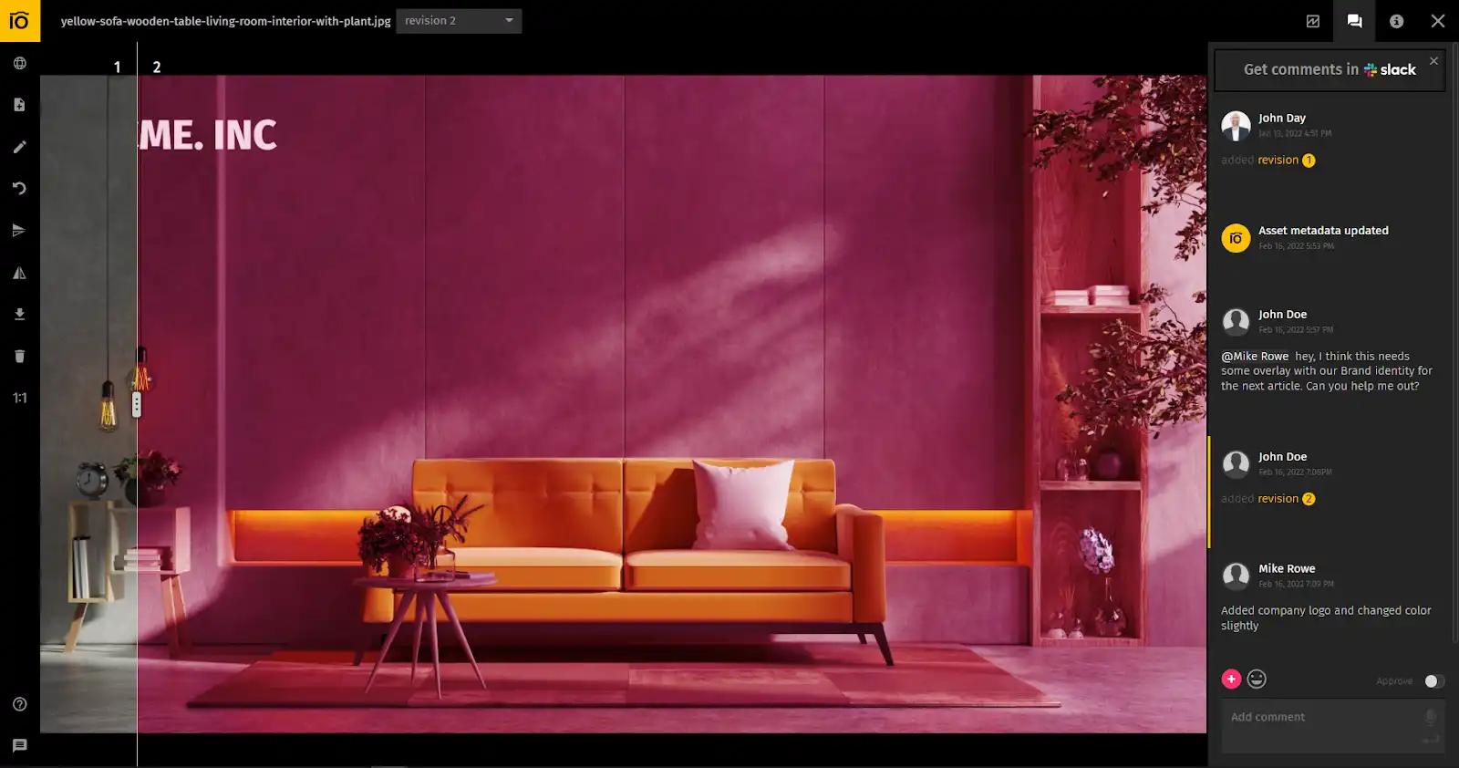 A screenshot of Pics.io's interface showing side-by-side comparison of two versions of an asset