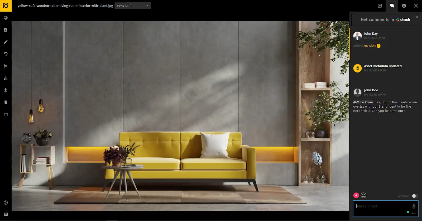 A screenshot of Pics.io's interface showing asset comments.