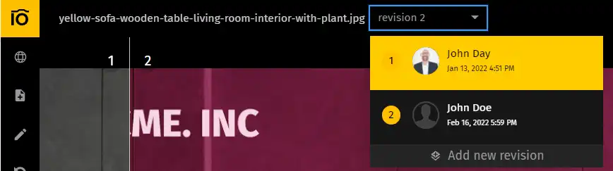 A screenshot of Pics.io's interface showing how to choose a required version of a revision