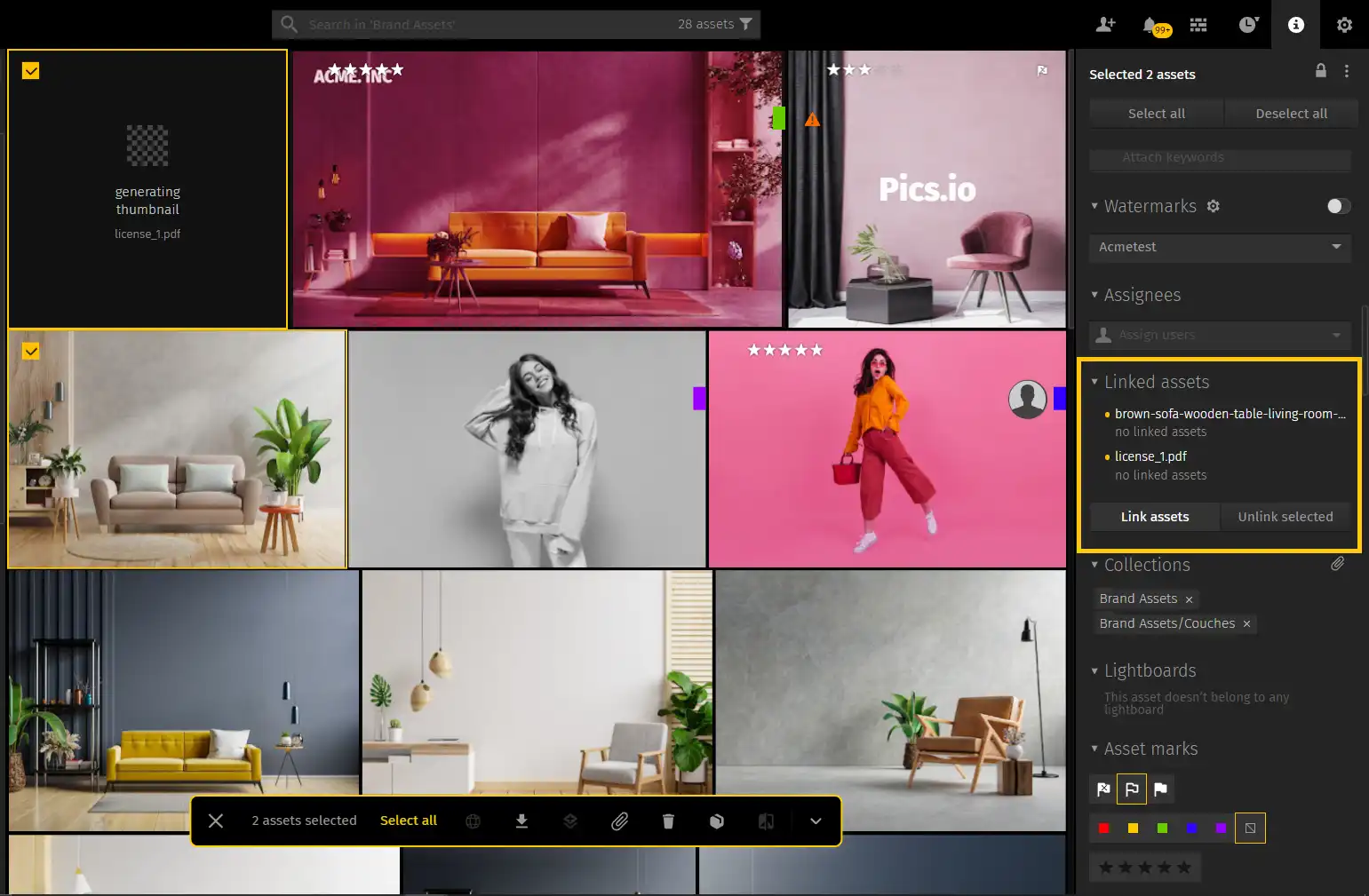 A screenshot of Pics.io's interface showing Linked Assets functionality.