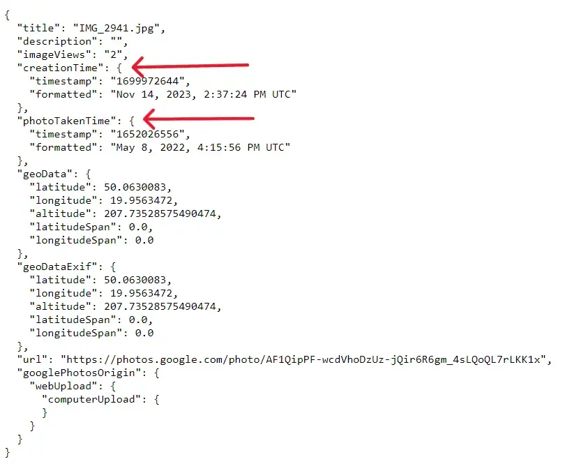 Google Takeout metadata