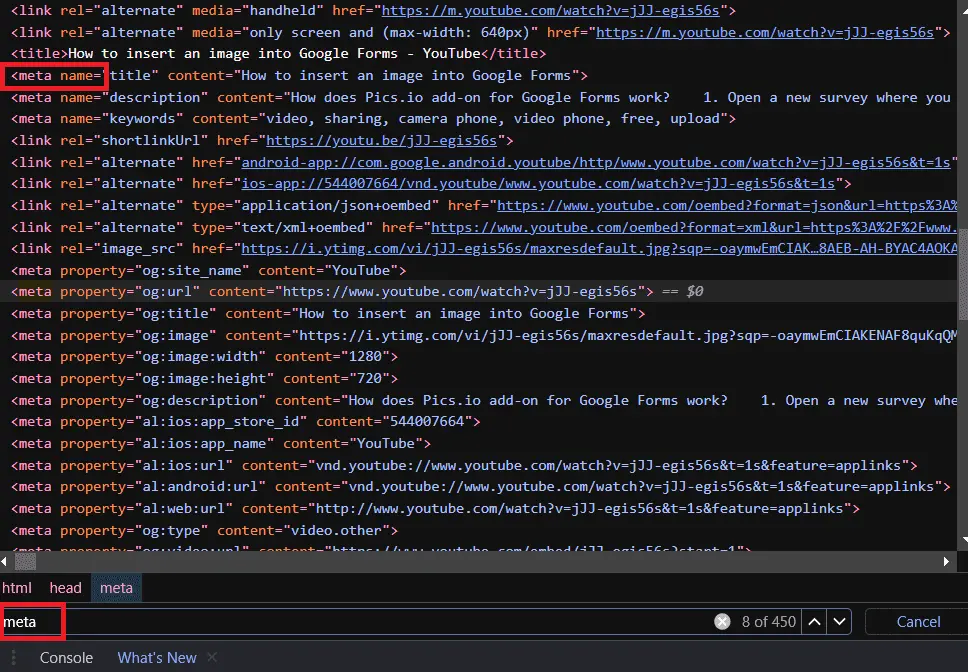 YouTube video metadata