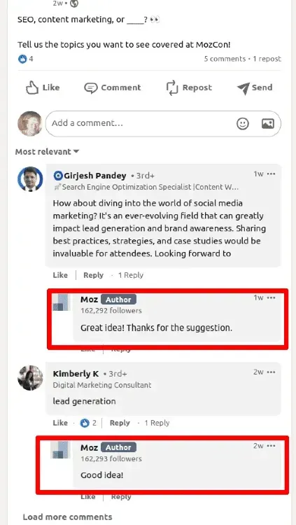 Moz brand engages with followers on LinkedIn. Source