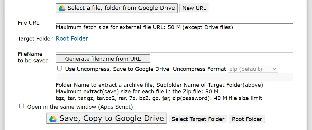 Copy, URL to Google Drive&nbsp;
