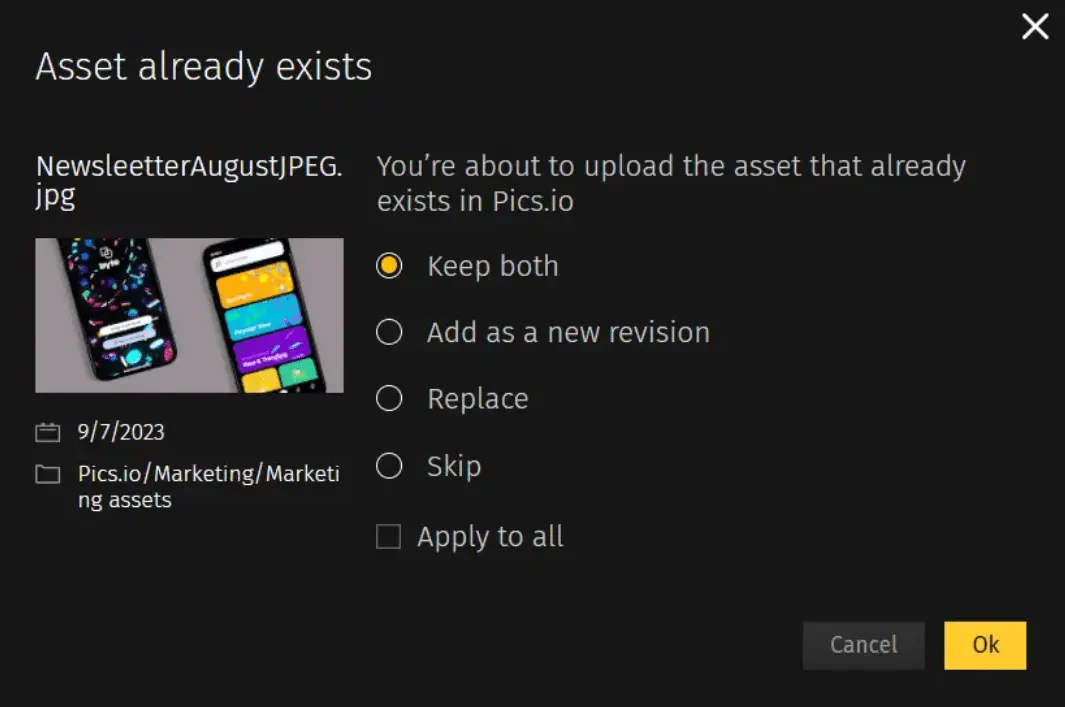 Pics.io version control feature