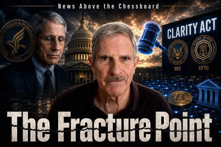 News Above the Chessboard: presenter centered between a government-health controversy and CLARITY Act crypto regulation imagery, with Capitol backdrop and title “The Fracture Point.”