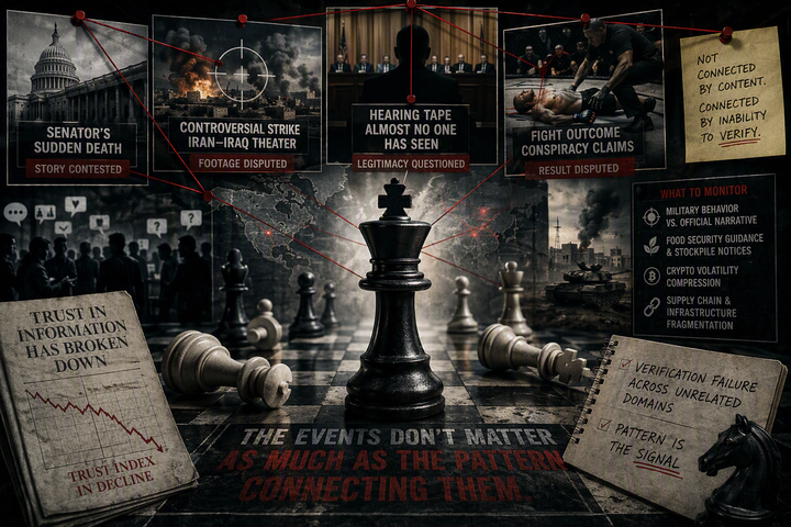 Chessboard with connected news events linked by red strings, symbolizing verification failures, declining trust, geopolitical risk, and information uncertainty across multiple domains.