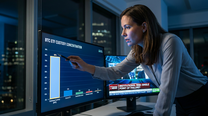 Financial analyst studying a Bitcoin custody concentration chart on a monitor, illustrating institutional control risk in Bitcoin ETF markets.