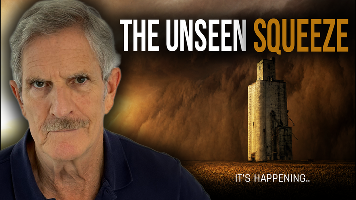 Presenter portrait beside a towering grain silo under a massive dust storm, with the headline “The Unseen Squeeze” and the subtitle “It’s Happening,” highlighting food supply pressures.