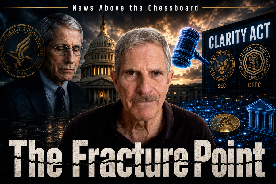 News Above the Chessboard: presenter centered between a government-health controversy and CLARITY Act crypto regulation imagery, with Capitol backdrop and title “The Fracture Point.”