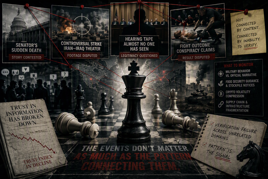 Chessboard with connected news events linked by red strings, symbolizing verification failures, declining trust, geopolitical risk, and information uncertainty across multiple domains.