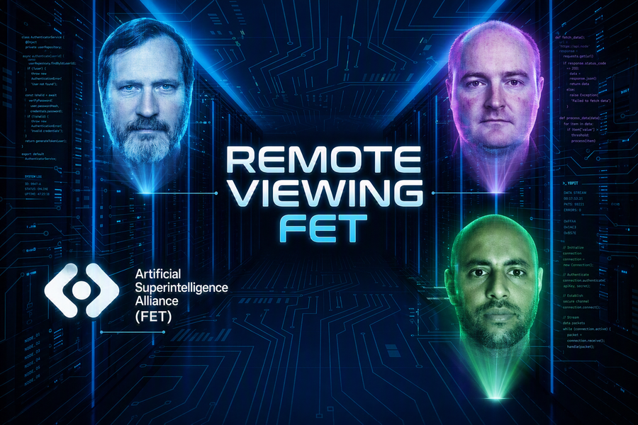 Futuristic blue server-room graphic with three glowing digital faces, “REMOTE VIEWING FET” text in the center, and the Artificial Superintelligence Alliance (FET) logo below.