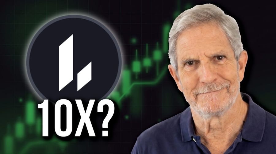 An older man next to a circular logo and the text "10X?", set against a rising green financial chart background.