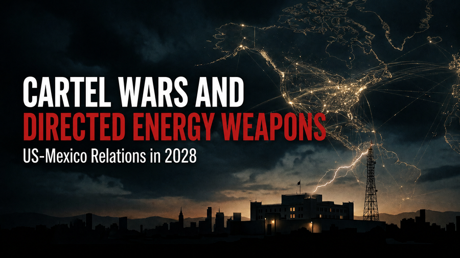 Dark intelligence-briefing thumbnail: glowing world map over an embassy skyline at dusk with a radar tower glow. 'Cartel Wars and Directed Energy Weapons: US-Mexico Relations in 2028.'