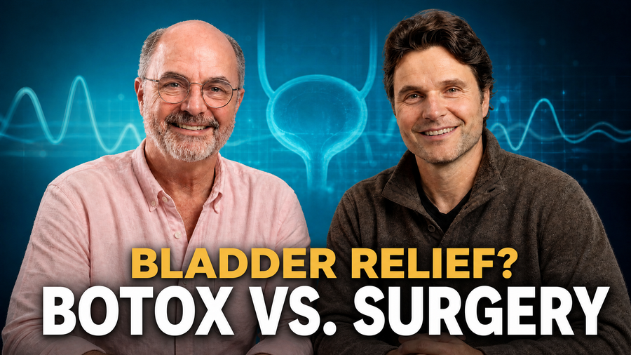 Dr. Scottie and co-host smile warmly in a clinical studio setting under the headers "BLADDER RELIEF?" and "BOTOX VS. SURGERY" in bold, professional typography.