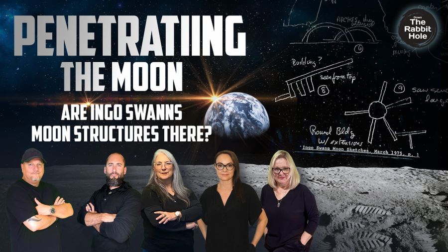 Five presenters stand on a lunar surface beneath Earth in space, alongside sketches labeled as Ingo Swann moon observations, with the headline “Penetrating the Moon.”