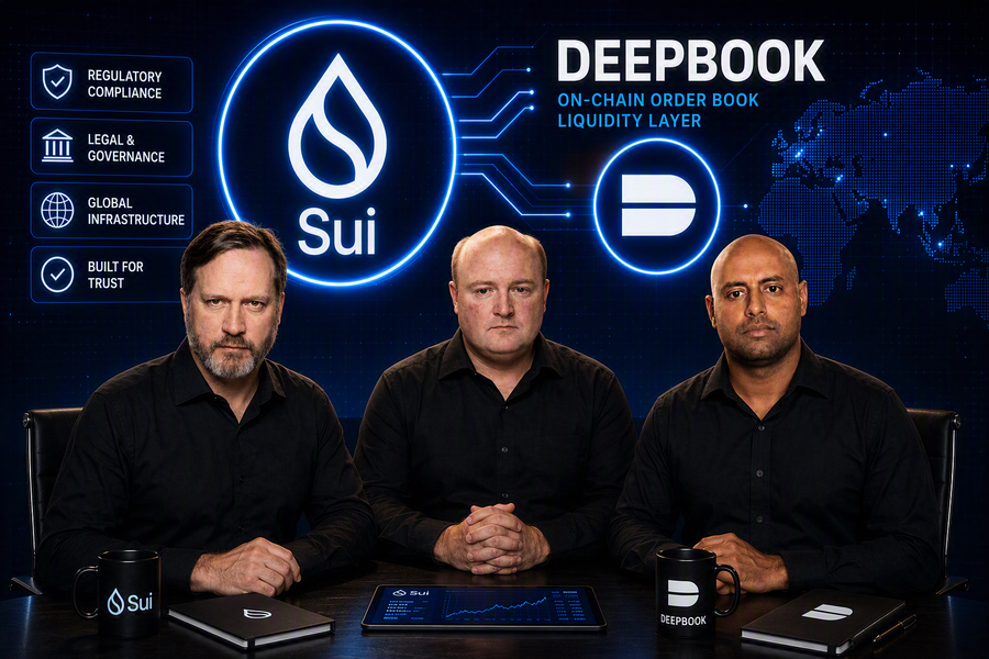 Three remote viewing presenters sit before glowing Sui and DeepBook graphics, highlighting crypto infrastructure, regulatory compliance, and decentralized exchange technology.