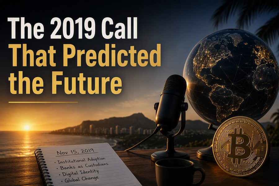 Podcast microphone overlooking an ocean sunset beside a Bitcoin coin and 2019 notes, with the headline “The 2019 Call That Predicted the Future,” symbolizing early crypto foresight.