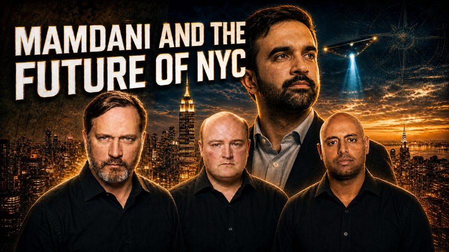 Remote viewing debrief thumbnail on Zohran Mamdani's New York City, 2026-2029: three Team Blue Sky viewers before a dusk skyline, Mamdani looming behind, and a glowing triangular craft above.
