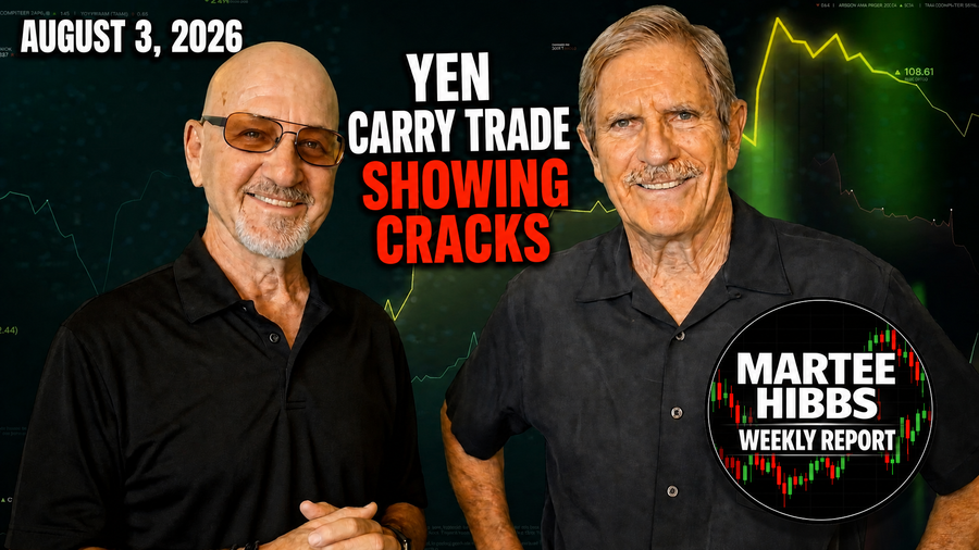 YouTube thumbnail for Marty Hibbs weekly report, August 3, 2026. Features Dick Allgire and Marty Hibbs with text: "YEN CARRY TRADE SHOWING CRACKS" in white and warning red.