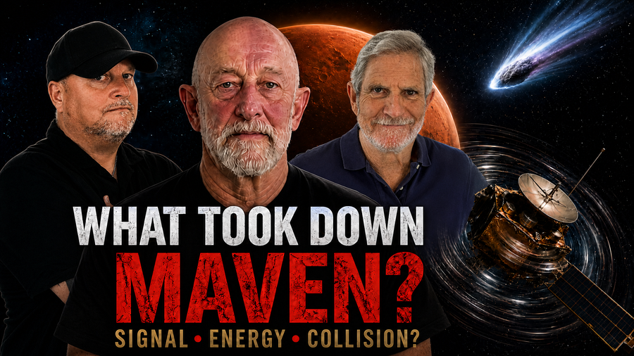 Clif High, Daz Smith, and Dick Allgire appear before Mars with the MAVEN spacecraft and 3I/ATLAS comet, beneath the headline “What Took Down MAVEN?”