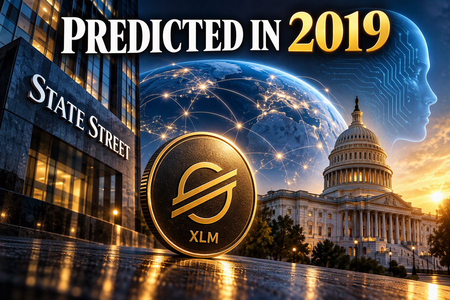 State Street, Stellar (XLM), a global payment network, U.S. Capitol, and AI silhouette beneath the headline “Predicted in 2019,” symbolizing digital finance adoption.
