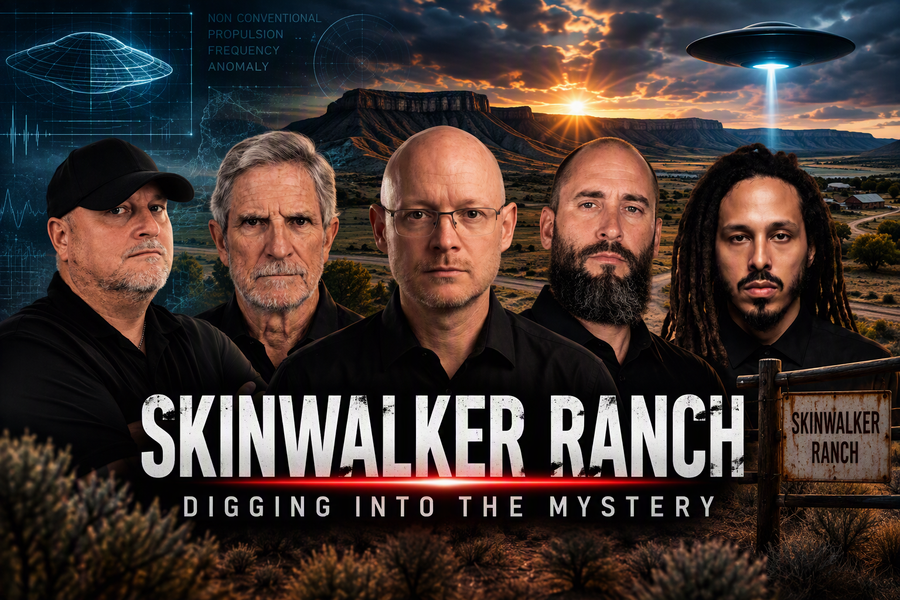Skinwalker Ranch investigators and remote viewers stand before the Utah mesa, with a UFO overhead and the subtitle “Digging Into the Mystery.” A documentary-style thumbnail about blind remote