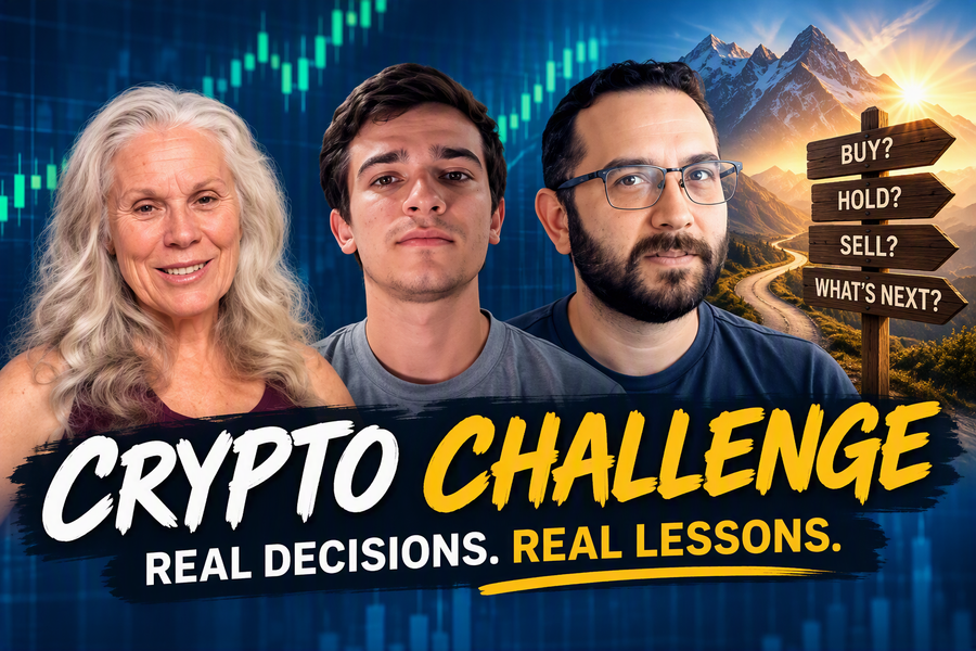 Three crypto challenge participants discuss market uncertainty as crypto charts and a decision signpost highlight risk, timing, and strategy.