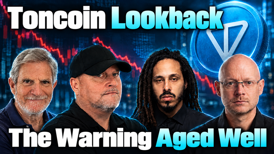Four presenters appear against a dark, blue-toned crypto market background with a Toncoin emblem and declining red chart line. Text reads “Toncoin Lookback” and “The Warning Aged Well.”