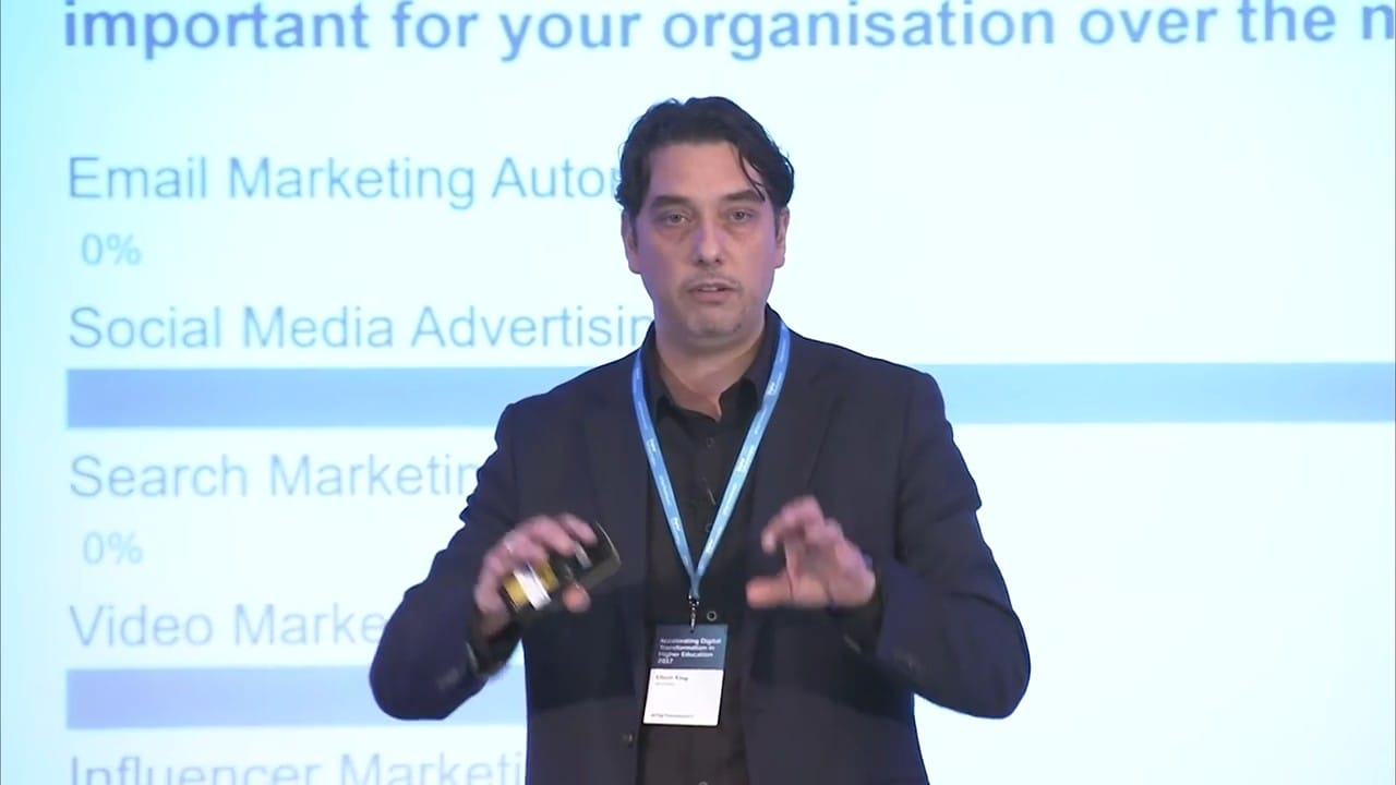 Elliott King polling the room on marketing channels, University of London 2017 Elliott King running a live audience poll on marketing channels at the University of London in 2017