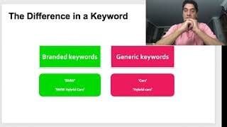 Course slide comparing branded and generic keywords, with Elliott King on webcam in a pink shirt.