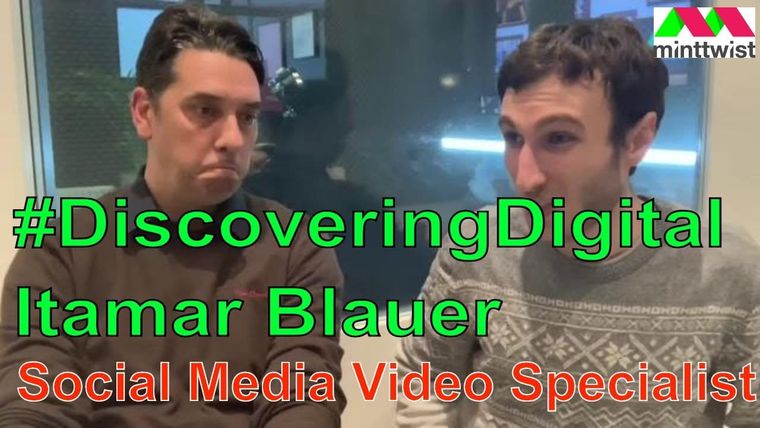 Elliott King listens as video specialist Itamar Blauer talks, on a #DiscoveringDigital YouTube thumbnail.