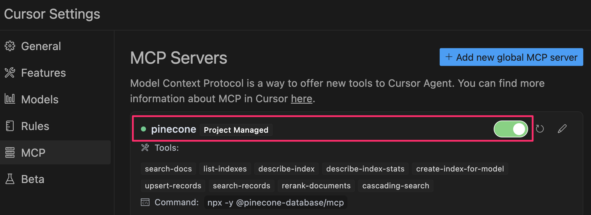Cursor config screen for MCP Servers, showing the Pinecone MCP server is connected and listing it's tools.