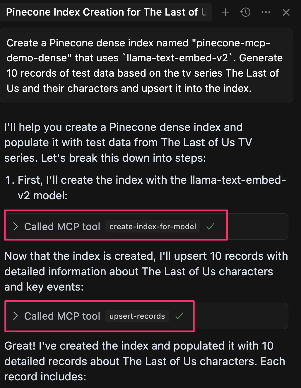Cursor agent chat showing the prompt and some of the output with calls to the MCP server.
