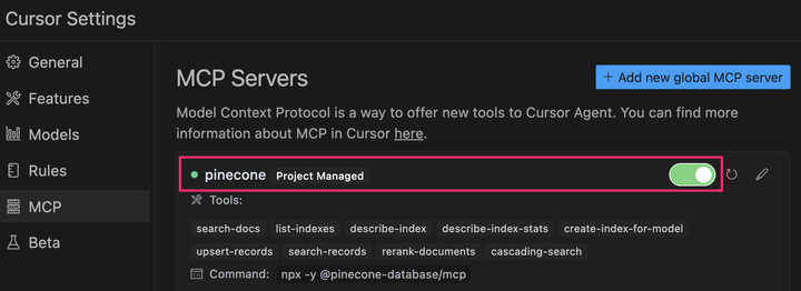 Cursor config screen for MCP Servers, showing the Pinecone MCP server is connected and listing it's tools.