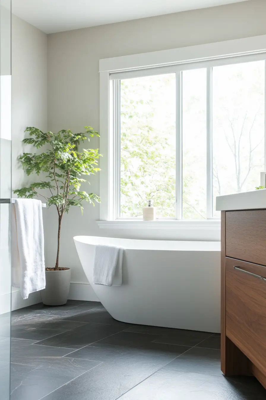 Luxurious small bathroom with stunning stone floor tiles