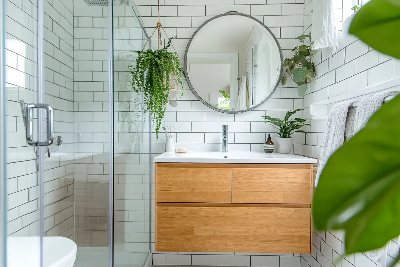 Stylish small bathroom makeover, bright and airy space with clever storage solutions