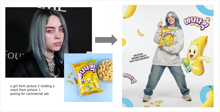 a girl from picture 2 holding a snack from picture 1, posing for commercial ads. (nano-banana)