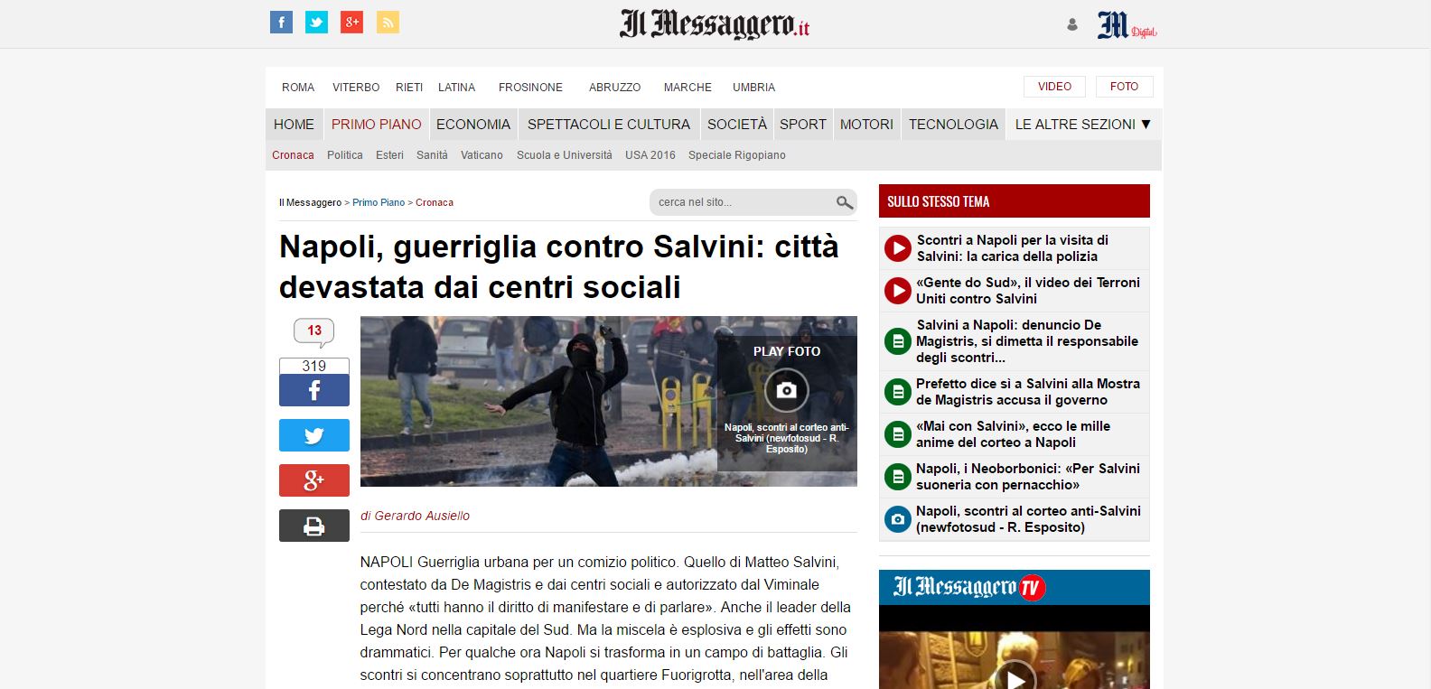 Scontri Napoli Salvini Messaggero