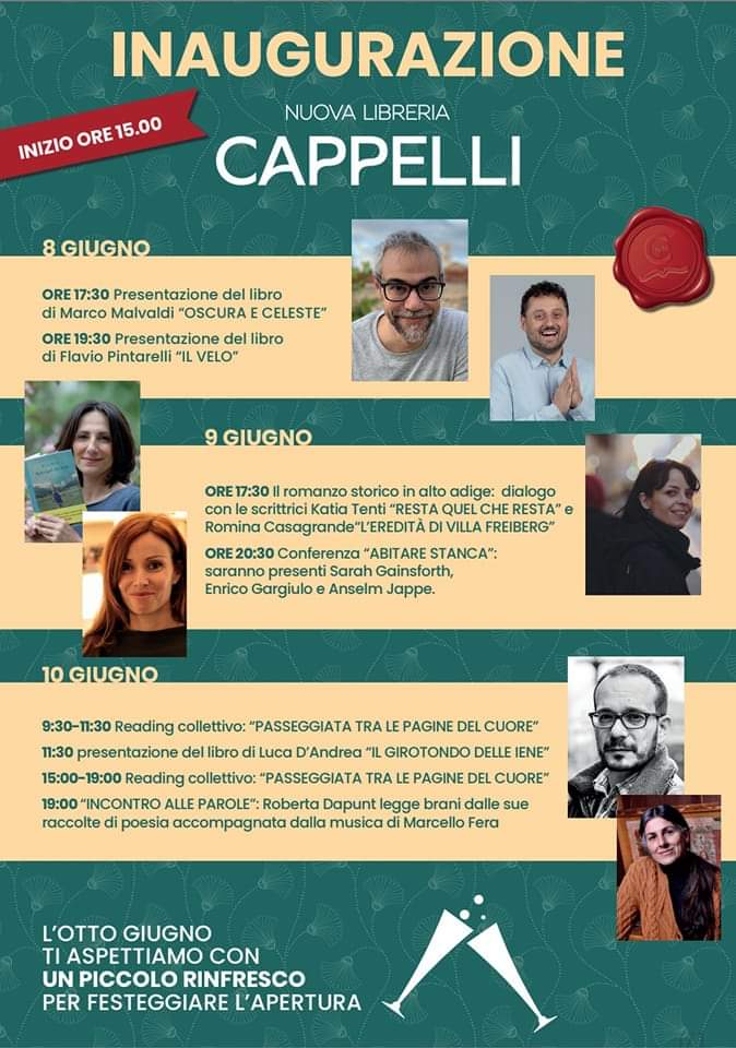 Locandina dell'inaugurazione della Nuova Libreria Cappelli a Bolzano.