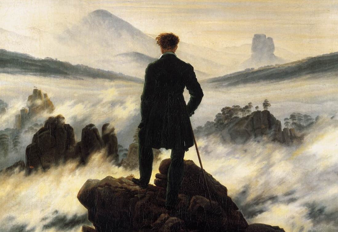 Un uomo su una roccia di fronte a un paesaggio con la nebbia.Caspar. Viandante sul mare di nebbia, dipinto di Caspar David Friedrich 