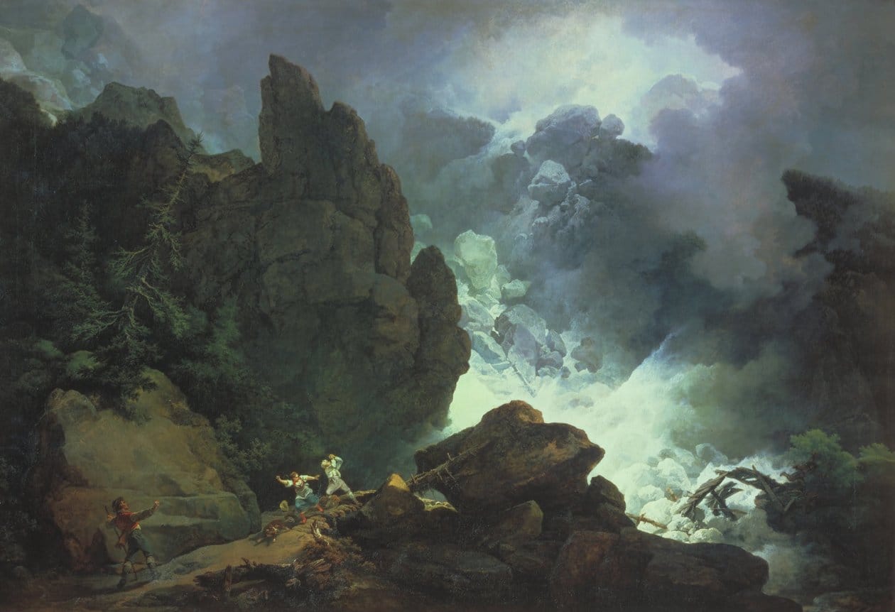 Tre figure umane si ritirano da una valanga in un paesaggio montano. Una valanga sulle Alpi, dipinto diPhilippe Jacques  de Loutherbourg.