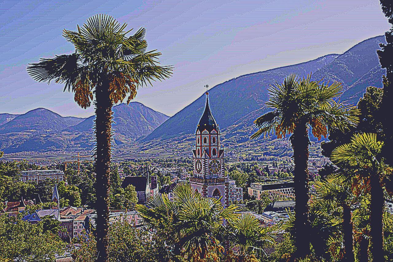 Panorama della città di Merano con palme e campanile.