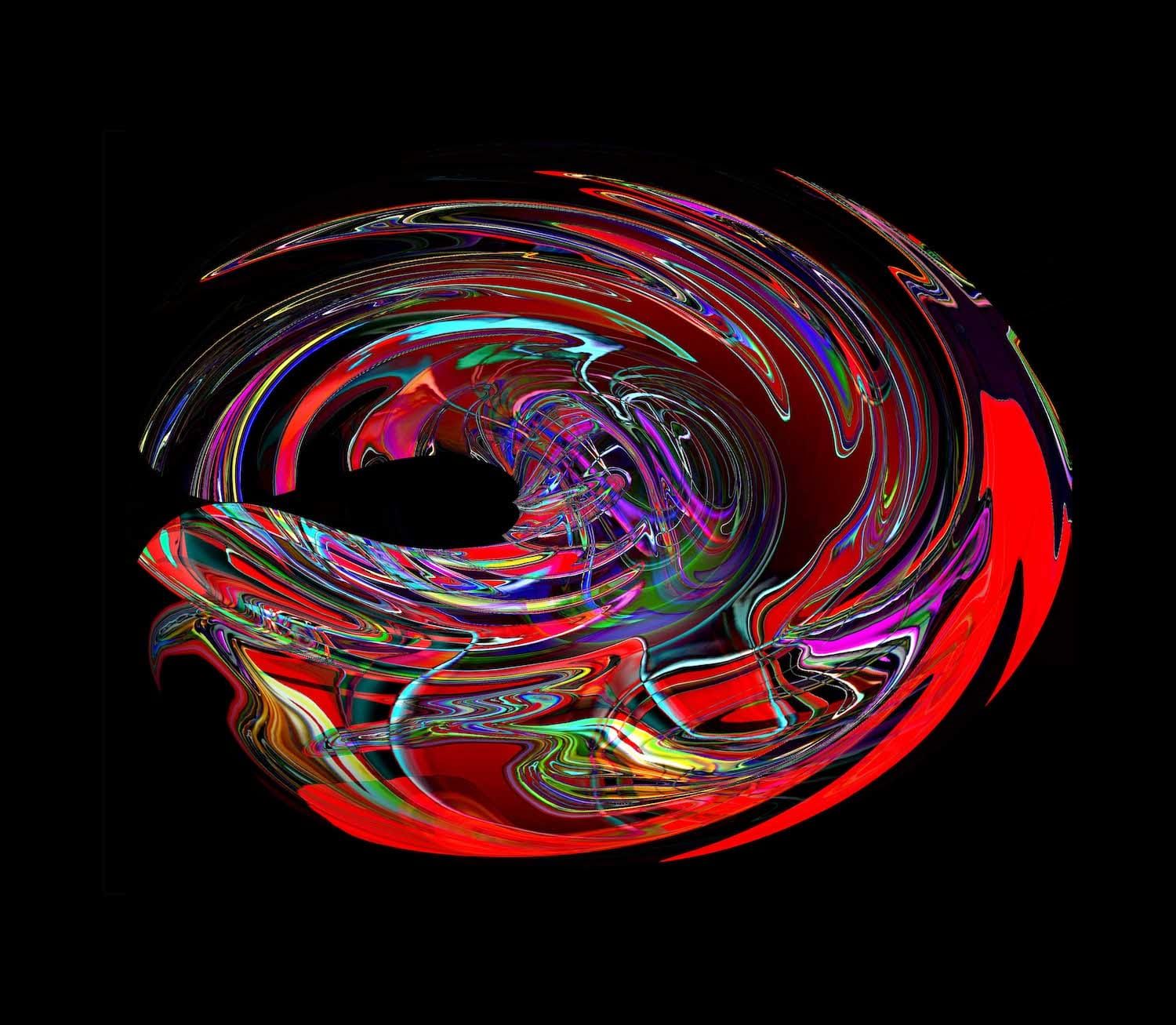 Un vortice di colori su sfondo nero. È l'opera di Lillian Schwartz intitolata Light Boxes.