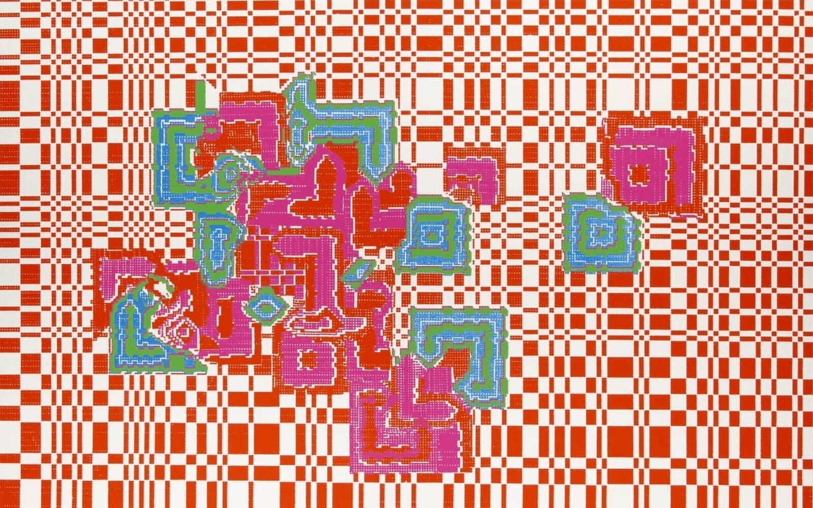 Immagine computerizzata con un pattern di rettangoli bianchi e rossi e forme irregolari verdi.