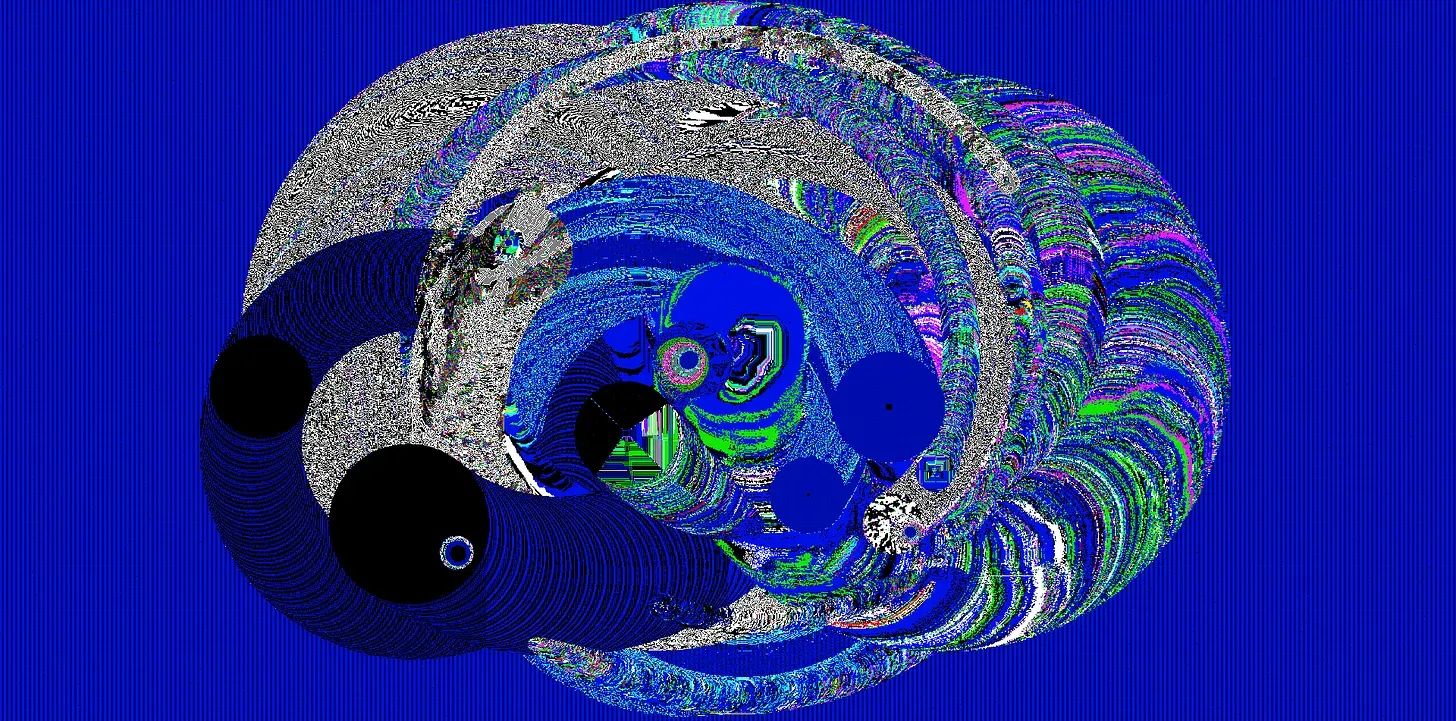 Immagine digitale astratta di tipo glitch, su fondo blu.