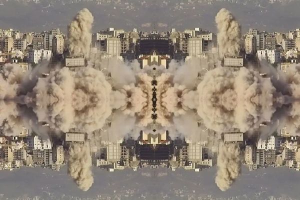 Edifici che crollano. Fotogramma dal film Sweet Talk Commissions, di Walid Raad.